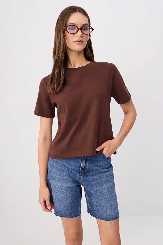 Taş-Kahverengi Kalın Pamuklu Tok Kumaşlı Regular Kesim Örme T-Shirt Örme T-Shirt TWOSS26TS00302 - 5