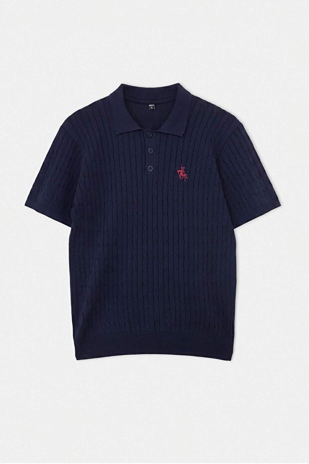 Lacivert Regular/Normal Kesim Nakışlı Dokulu Triko Polo Yaka T-shirt TMNAW27PO00004 - 4