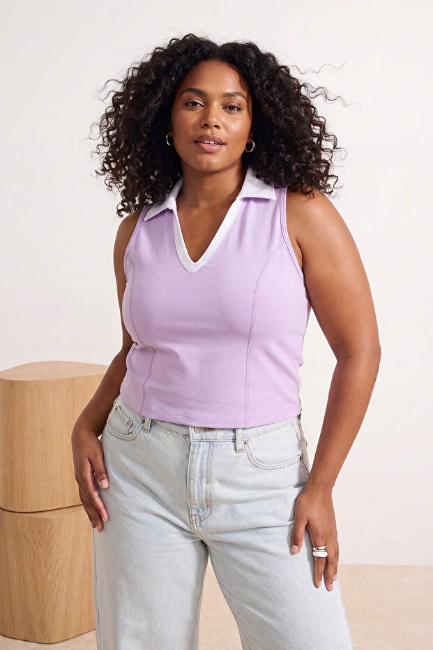 Lila Polo Yaka Dalgıç/Scuba Crop Örme Büyük Beden Spor Üst/Bluz TBBSS26AF00255 - 1