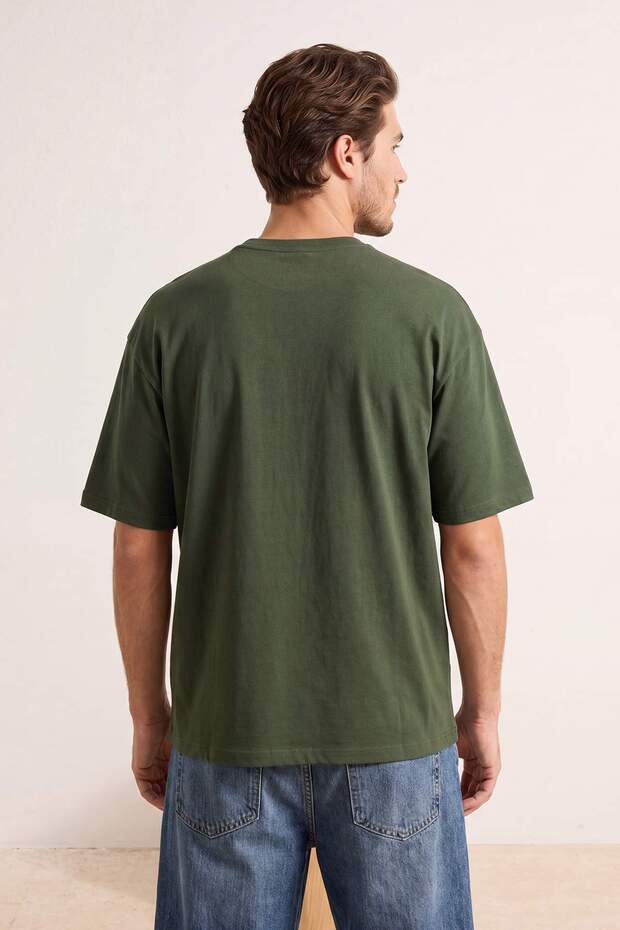 Haki Oversize/Geniş Kesim Slogan Nakışlı %100 Pamuk T-Shirt TMNSS26TS00055 - 3