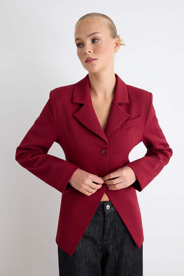Bordo Fitted/Vücuda Oturan Yırtmaçlı Blazer Ceket TWOAW27BC00018