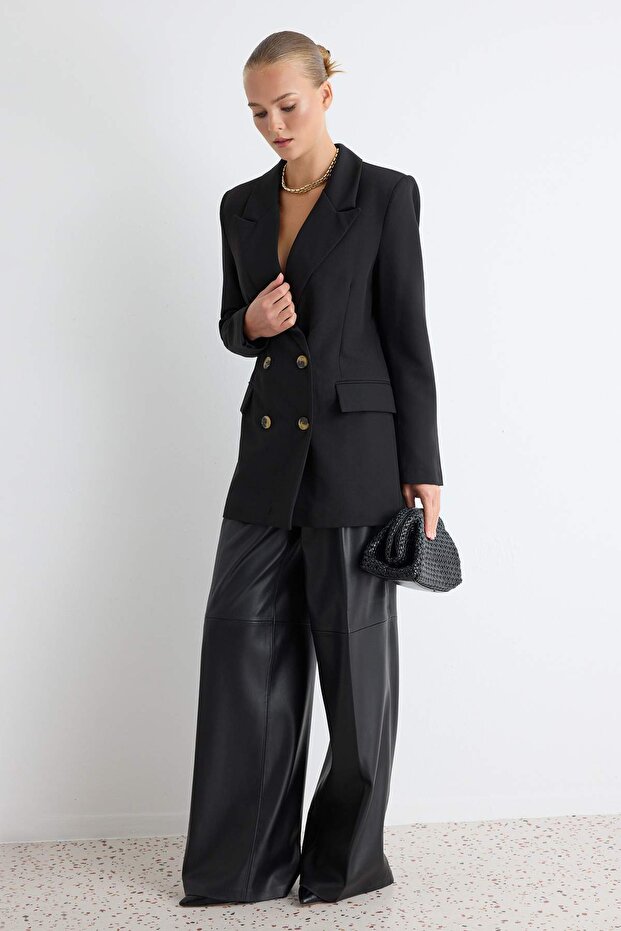 Siyah Oversize Astarlı Kruvaze Kapama Dokuma Blazer Ceket TWOAW21CE0145 - 2