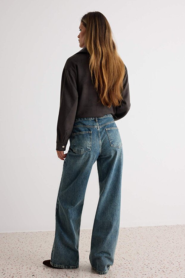 Mavi Soluk Efekt Vintage Yüksek Bel Wide Leg Geniş Paça %100 Pamuk Non-Stretch Jeans TWOAW24JE00089 - 4