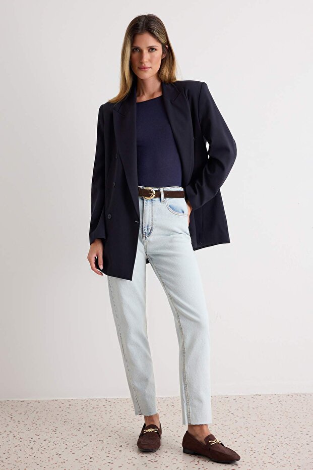 Açık Mavi Yüksek Bel Az Esnek Mom Kesik Paça Jeans TWOSS23JE00094 - 1