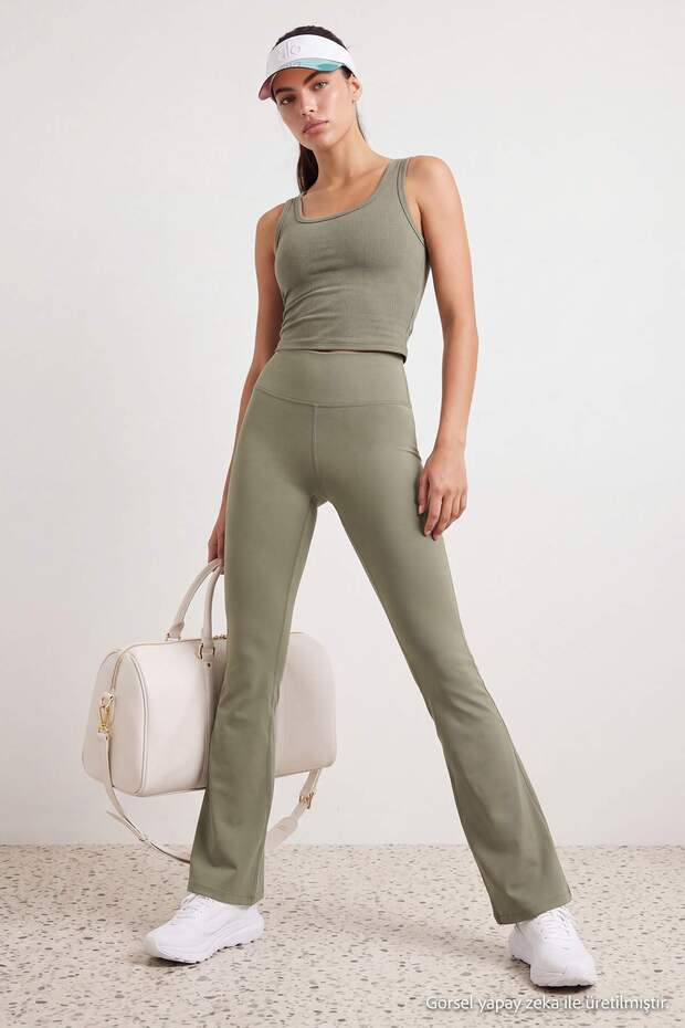 Haki Fırçalı Soft Kumaş Flare/İspanyol Paça Örme Spor Tayt THMSS26TY00016