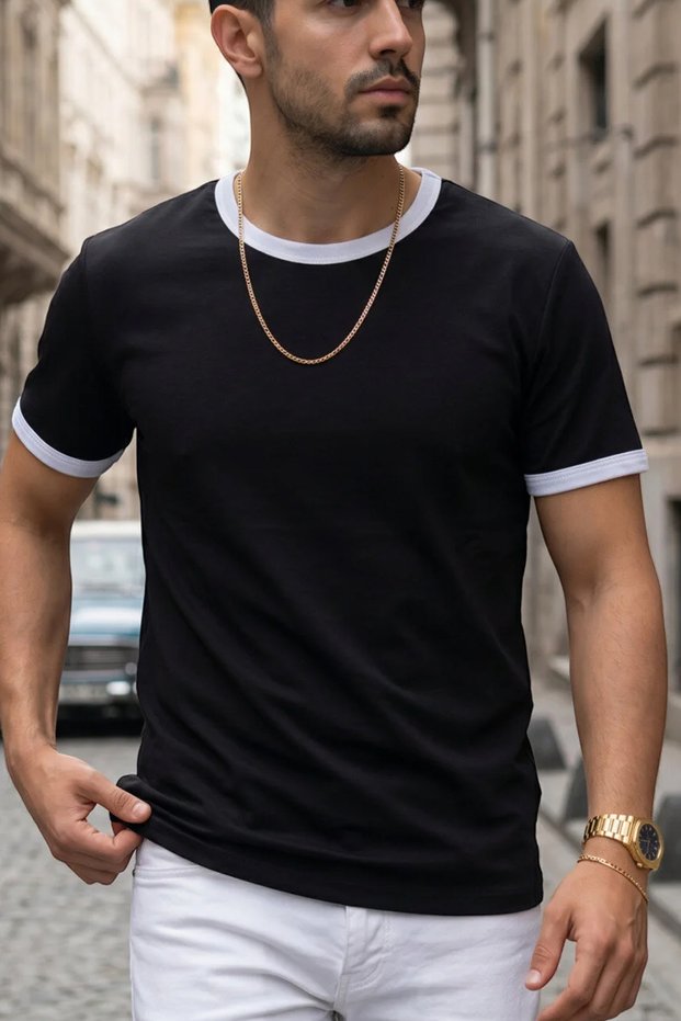 Men's Black Colored T-Shirt with Crew Neck and Sleeve Trim Regular T-Shirt