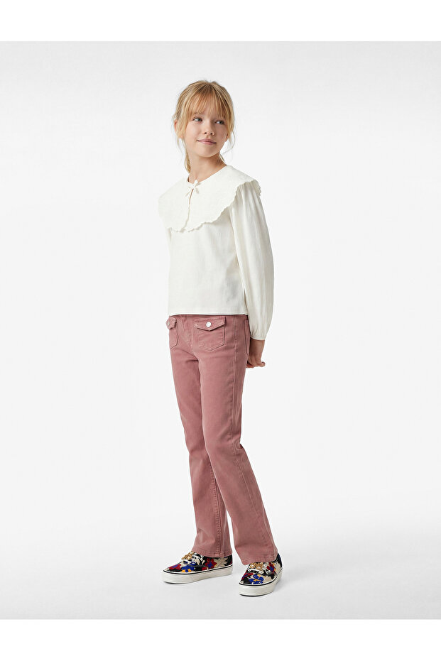 Cotton Embroidered Bow Detailed Long Sleeve Baby Collar Blouse