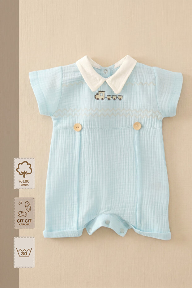 - 100% Cotton Muslin Baby Romper | Trend Embroidered | Yakalı