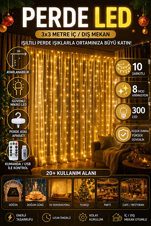 nextbuy Perde Led 3x3 Kumandalı 8 Fonksiyonlu 300 Led 10 Sarkıtlı Yılbaşı Çam Ağacı Süsleme Usb Gece Lambası