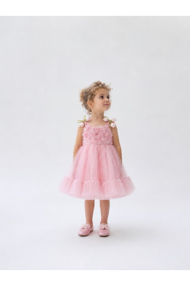 Girl's Floral Appliqued Strap Tulle Evening Dress for Weddings, Holidays, and Special Occasions