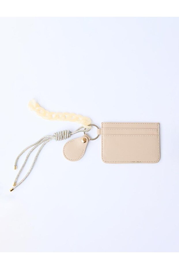 Beige Leather-Look Bead Detailed Card Holder Wallet