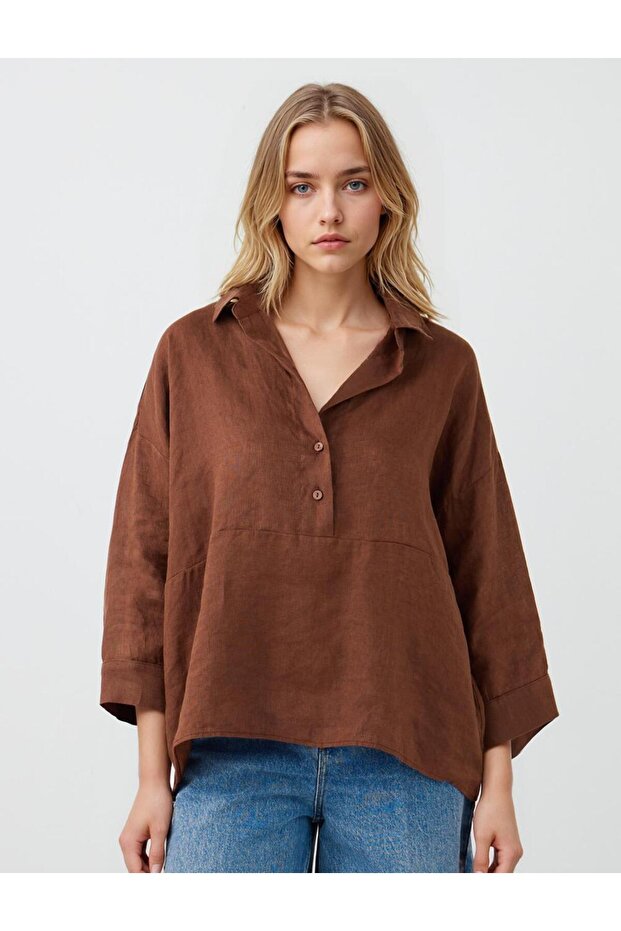 Bitter Brown 100% Linen Relaxed Fit Three Quarter Sleeve Shirt Collar Blouse