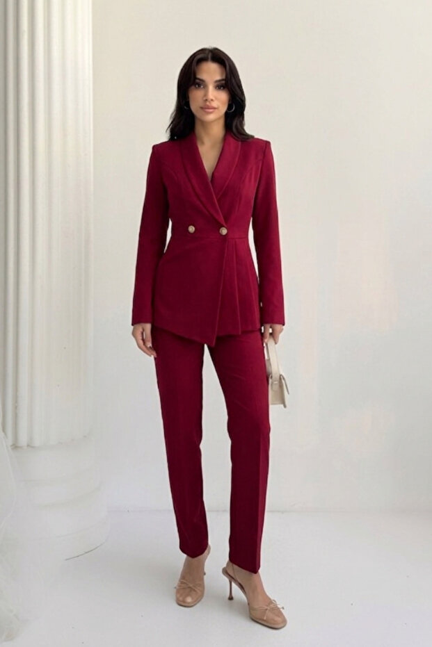 Women's Suit Blazer Jacket Pants Set Pleated Detail Flared Leg Bottom Top Set