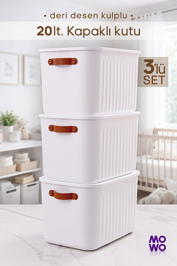 Bigbox 20 Lt 3-Piece White Cabinet Organizer with Handles Storage Box Basket Organizer Toy Box