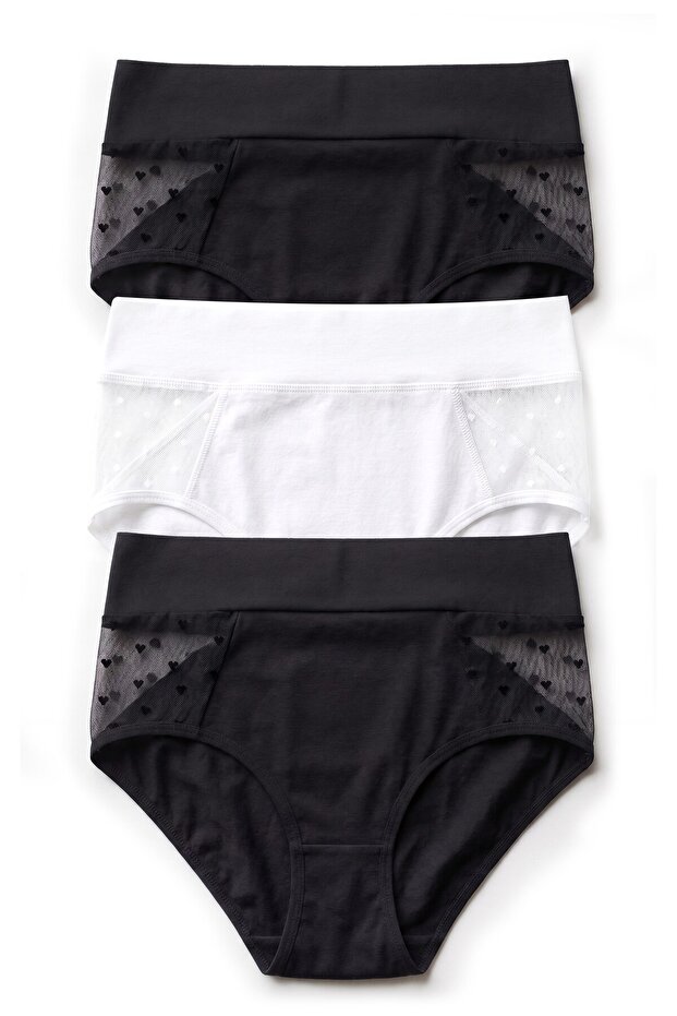 Women's Panties 3-Pack with Tulle on the Sides, High Waist (96% Cotton - 4% Elastane)