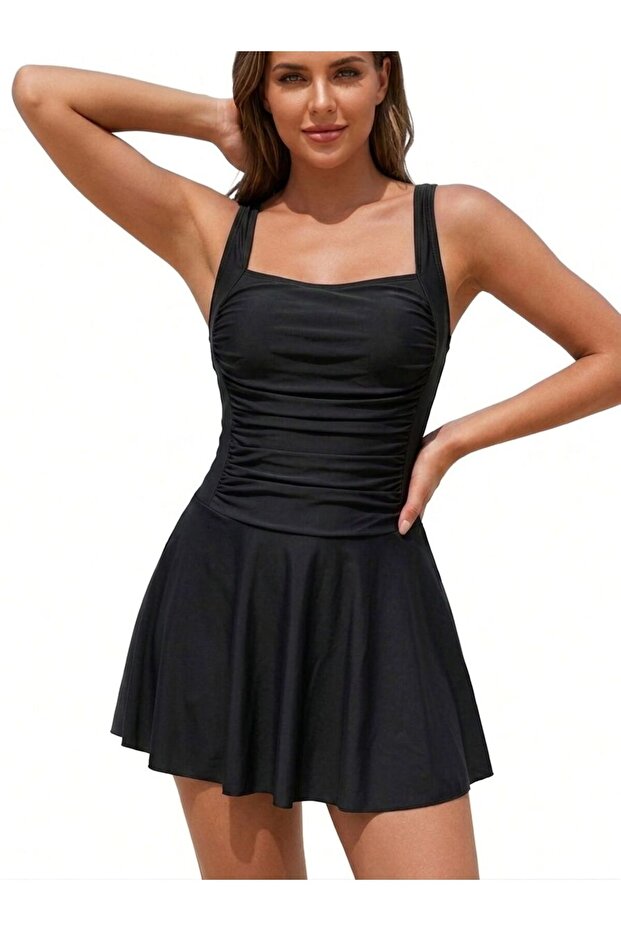 Curve Shaping and Slimming Effect Draped Pleated Dress Skirt Swimsuit