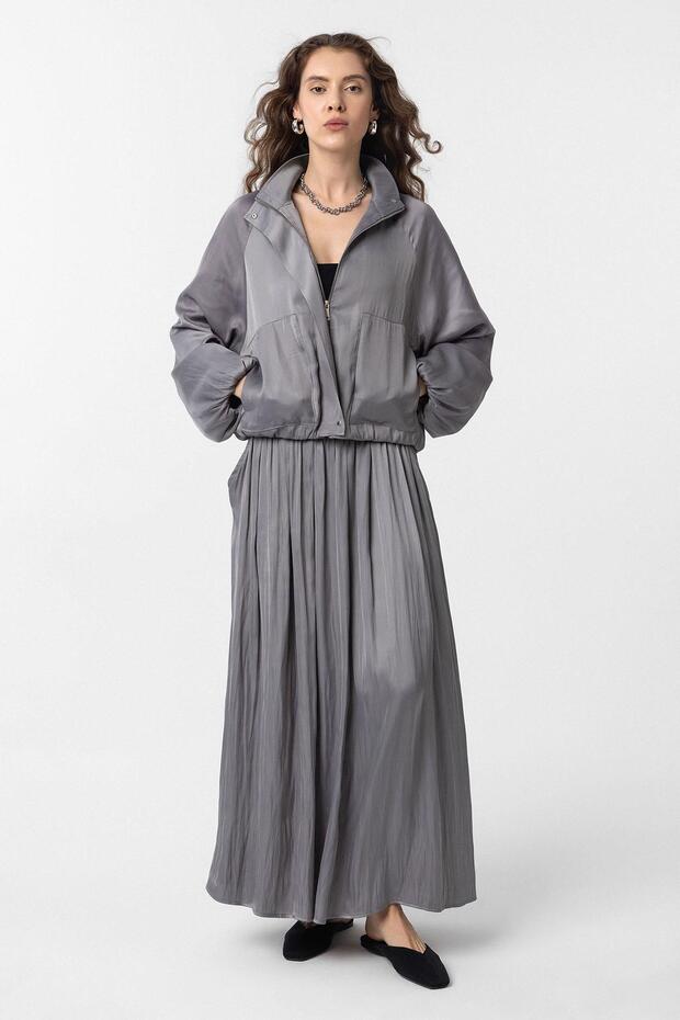 Gray Stand Collar Slim Women's Bomber Jacket