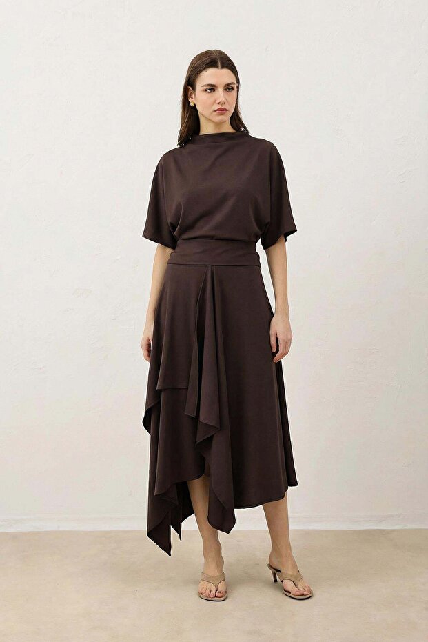 Coffee Volume Skirt Blouse Women's Set