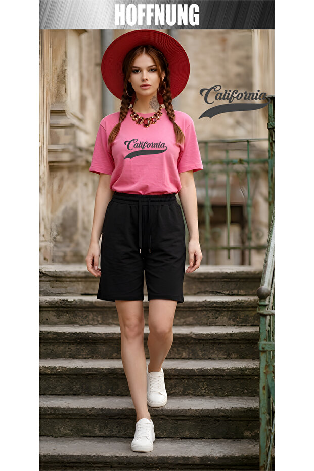 Unisex Casual Short Sleeve Set with Califormia Hoffning Print Outdoor Spring/Summer Full Shorts