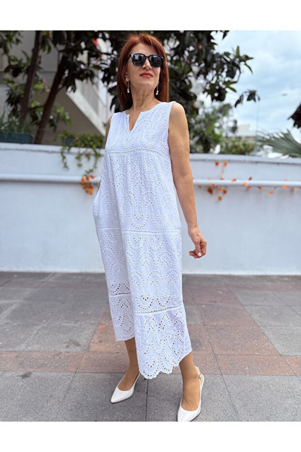 Rochie lungă brodată, căptușită, albă KolBerli - 7
