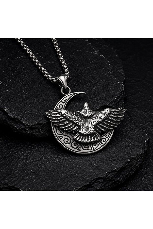 Gothic Style Power Symbol Stainless Steel Crescent Moon Men's Necklace with Eagle Figure