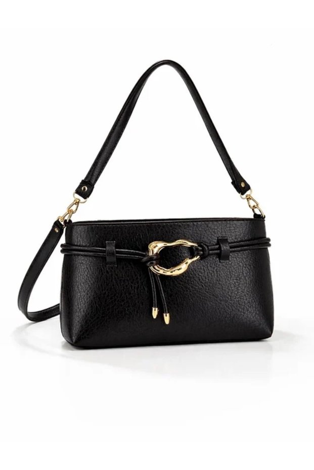 Women's Black Leather Hand and Shoulder Bag with Gold Buckle Accessory Detail