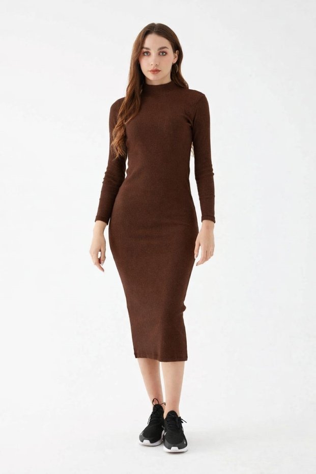 Raised Collar Long Sleeve Premium Full Stretch Fabric Long Pencil Dress Elb030
