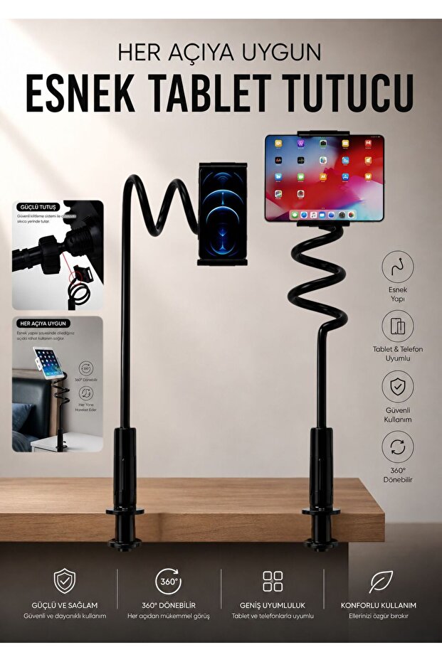Desktop Acrobat Phone and Tablet Holder Stand 360 Degree with Rotating Head Black