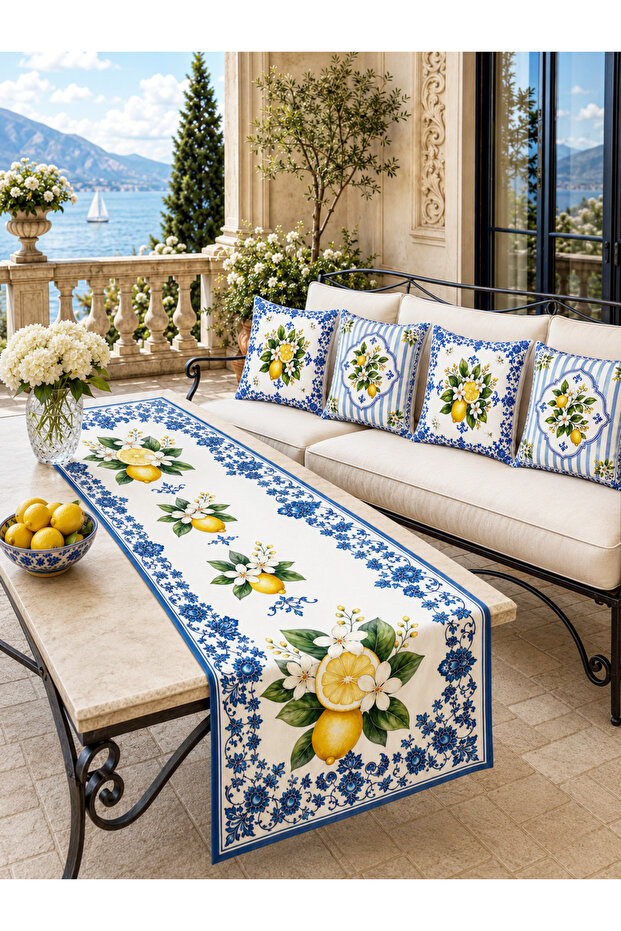 Blue and White Lemon Runner and Set of 4 Cushion Covers