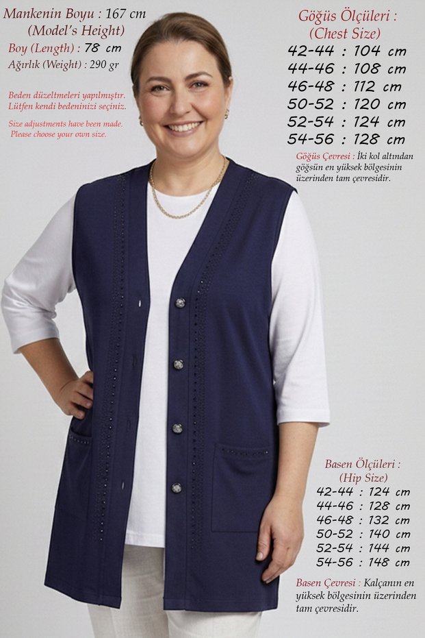 Women's Plus Size Stone Detailed Summer High Quality Viscose Mother Vest with Pockets Buttoned Anti-Sweat Soft Flexible Classic Lightweight Vest Navy Blue