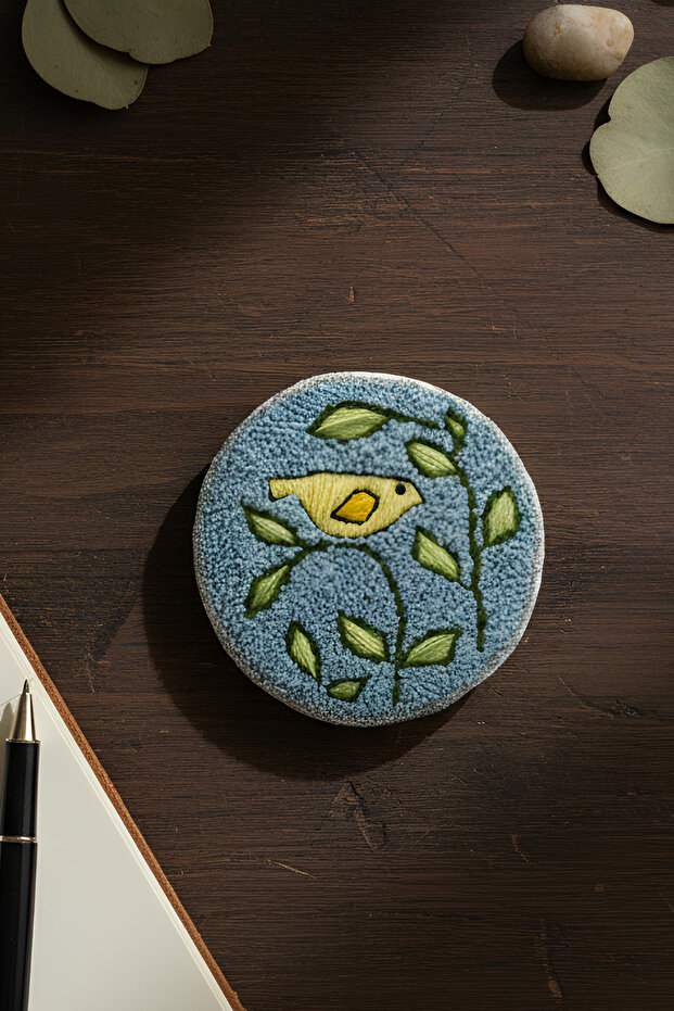Handmade Bird and Leaf Patterned Punch Coaster Decorative Round Design