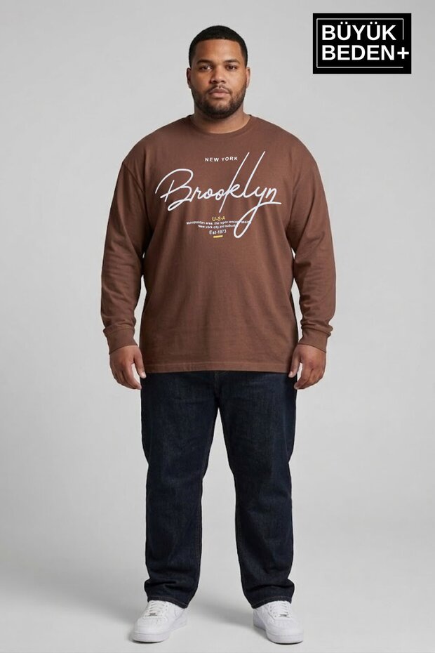 Men's Large Size Handwritten Brooklyn Printed 2 Thread Crew Neck T-Shirt Spr26Bts942-6