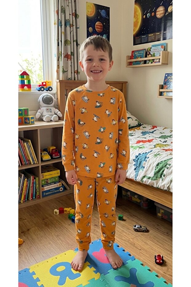 Boys' Cotton Orange Duck Skateboard Patterned Seasonal Long Sleeve Pajama Set