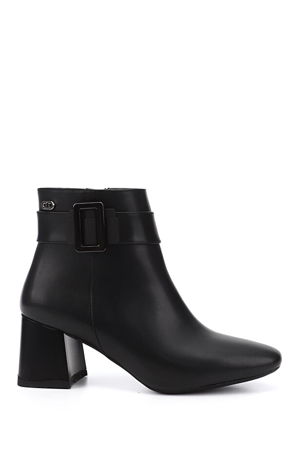 Women's Black Zippered Blunt Toe Thick Heeled Boots