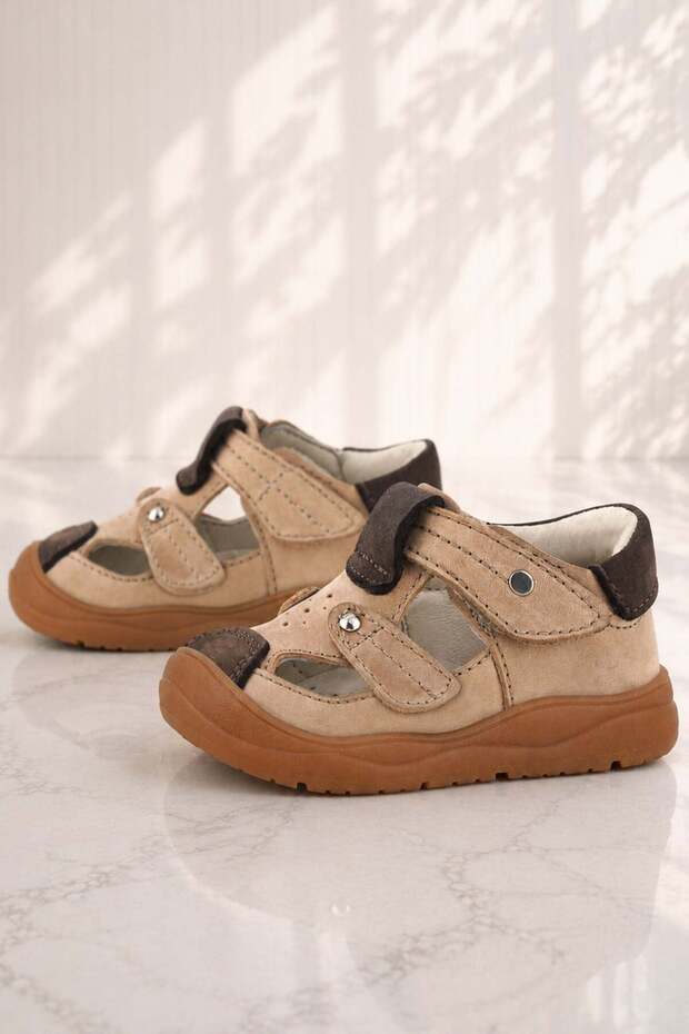 Genuine Leather Sand Color Velcro Baby Sandals