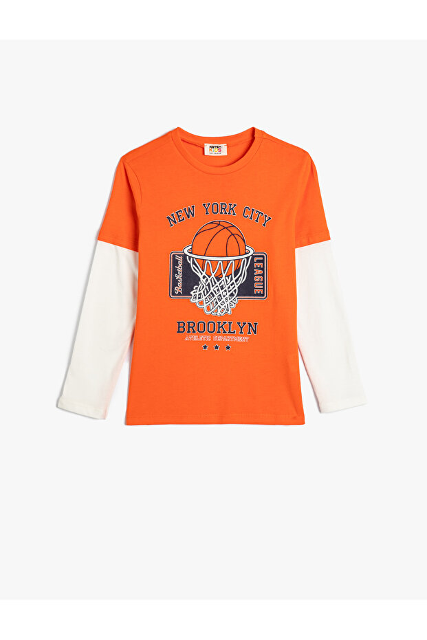 T-Shirt Long Sleeve Crew Neck Basketball Printed Color Block Cotton