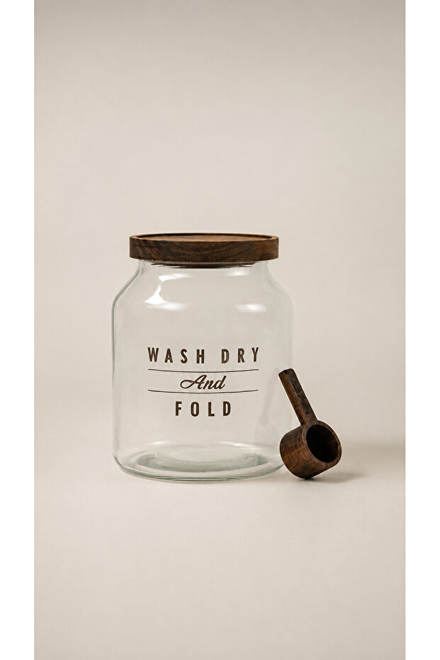 Glass Storage Jar with Acacia Lid & Measuring Spoon / Detergent Dispenser / Storage (3000 ml)