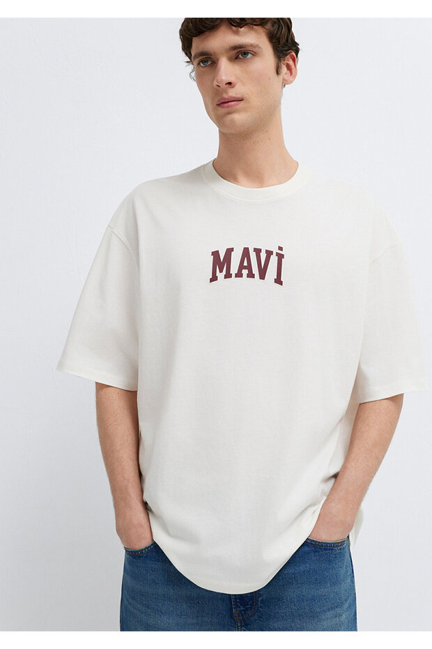 Logo Printed Ecru T-Shirt Oversize / Wide Cut 0613578-70057