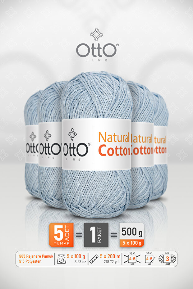 Natural Cotton • Baby Blue (6040) • 5-Pack × 100 Gr / 200 m • 2 mm • Cotton Thread • Punch, Amigurumi, Macrame
