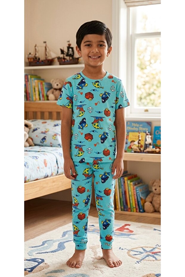 Male Child 100% Cotton Blue Sailing Fish Pattern Short-Sleeve Bottom Long Summer Pajamas Set