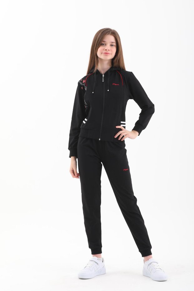 Girl's Hooded Zippered Elastic Leg Navy Blue-Red Tracksuit Set