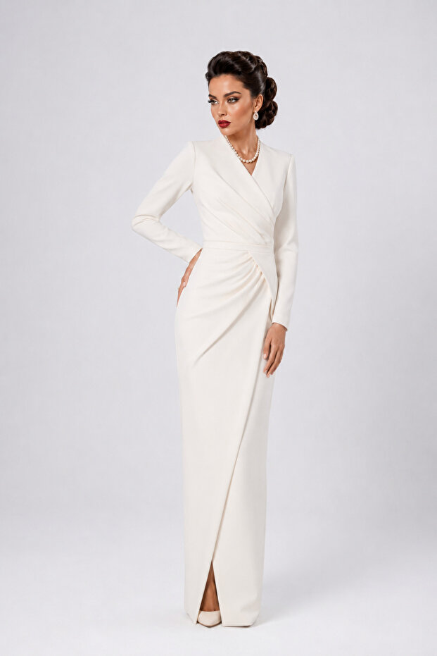 Elegant White Pleated Long Promise Dress - Wedding and Wedding Evening Dress with Minimal and Elegance