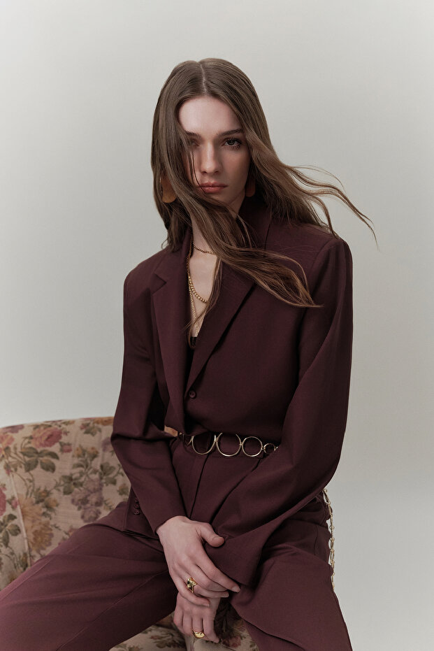 Belted Buttoned Blazer Jacket Burgundy - 1