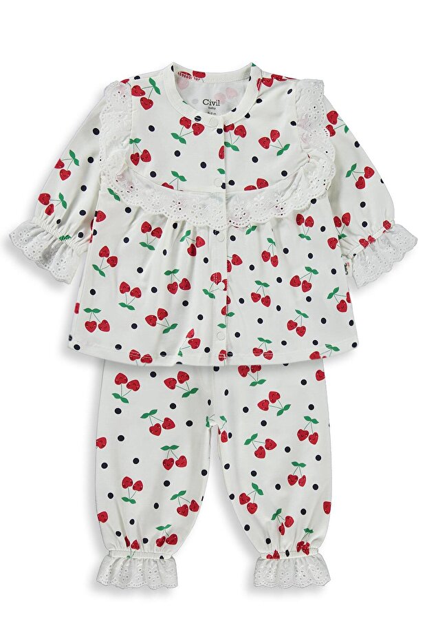 Dotted Cherry Printed Scalloped Girls' 6-18 Months Pajama Set - Ecru