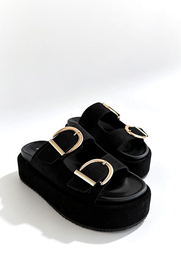 Giza Black Suede High Wedge Heel Women's Slipper