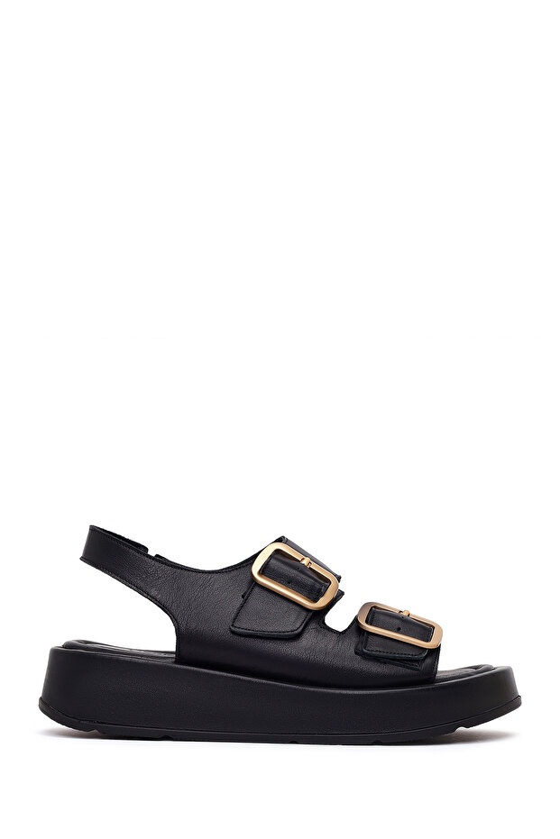Women's Black Double Buckle Thick Sole Leather Comfort Sandals 26Sfd342418