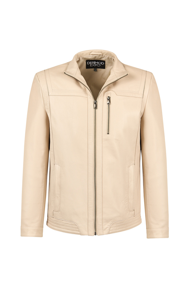 Oscar Men's Beige Zippered Leather Jacket 25Wge6433Ft