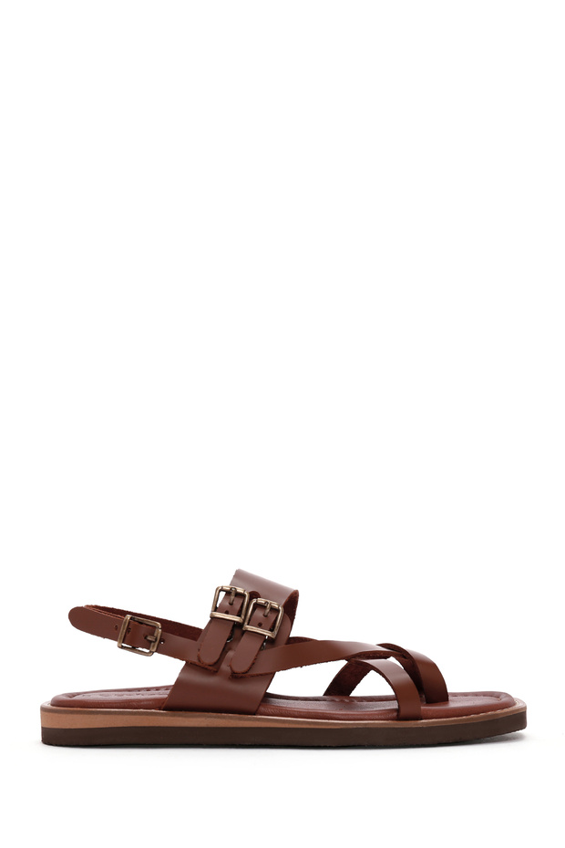 Women's Tan Ankle Buckle Leather Flip-Flop Sandals 26Sfd360418