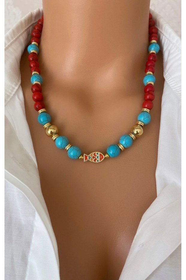 Natural Stone Blue Turquoise Stone and Red Coral Stone Fish Summer Spring Design Women's Necklace in Gift Box