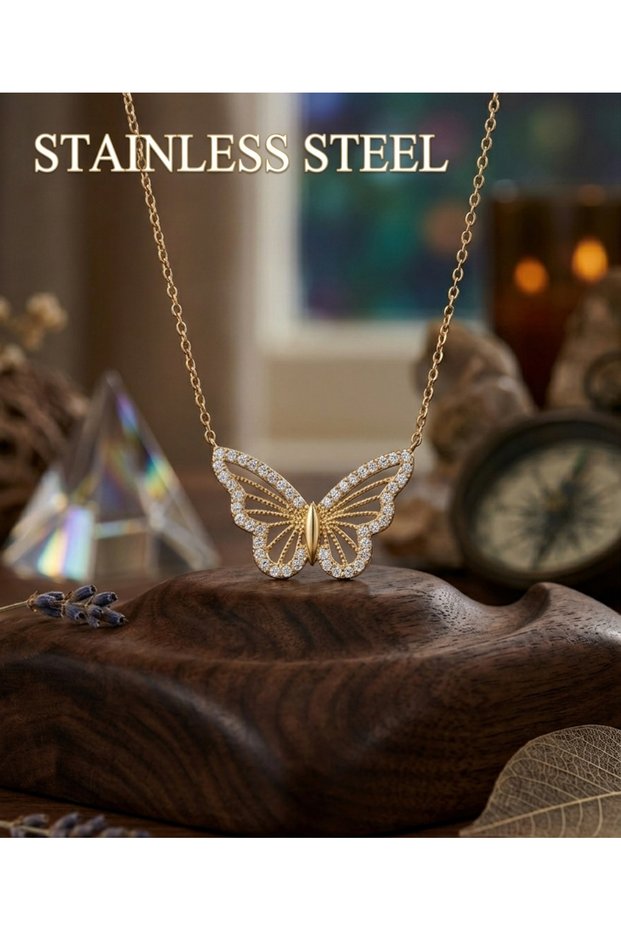 Gold Color Zircon Stone Butterfly Motif Steel Necklace